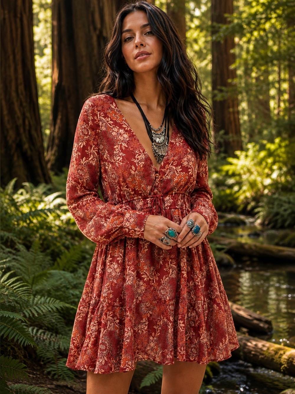Free People Stealing Fire Boho V-Neck Tunic Long Sleeve Mini Dress Medium